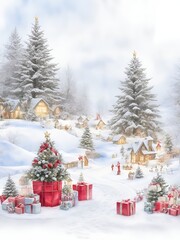Obraz premium Christmas tree with gifts and decorations. Watercolor illustration