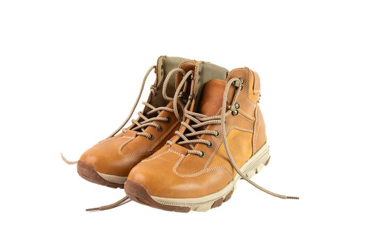 Pair of brown leather hiking boots shoe,isolate on a white background.