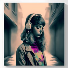 girl walking through the street  - obrazy, fototapety, plakaty