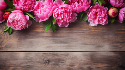Fototapeta na wymiar Floral frame with fresh blooming pink magenta peony
