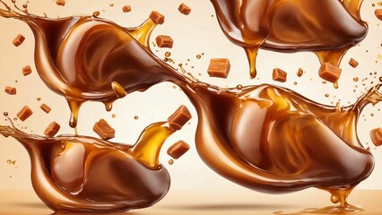 Sweet melted caramel, liquid caramel sauce splash with toffee candies, Generated with AI