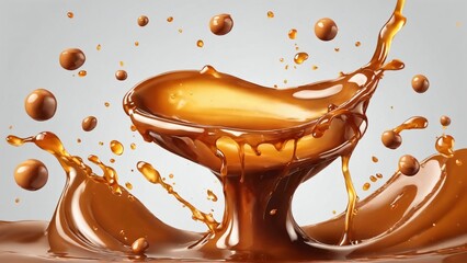 Sweet melted caramel, liquid caramel sauce splash with toffee candies, Generated with AI