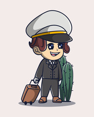 vector illustration of pilot in hat carrying cute suitcase. profession icon concept