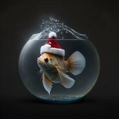 a fish like nemo wearing a christmas hat in a round fish bowl in front of a dark background  - obrazy, fototapety, plakaty