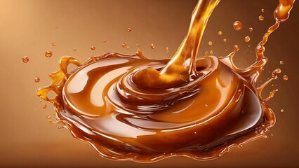 Sweet melted caramel, liquid caramel sauce splash with toffee candies, Generated with AI - obrazy, fototapety, plakaty