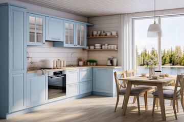 Modern cozy kitchen interior design with blue, beige colors and wooden texture