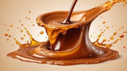 Melted caramel splash, 3D, photorealistic, studio shot, falling caramel, delicious, masterpiece, solid background, soft shadows