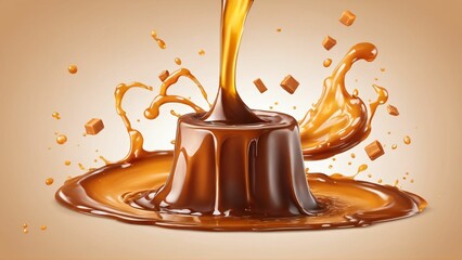 Melted caramel splash, 3D, photorealistic, studio shot, falling caramel, delicious, masterpiece, solid background, soft shadows
