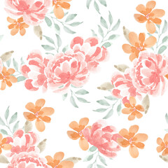 Vintage Rose and Orange Flower Watercolor Seamless Pattern