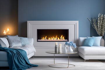 Modern living room with fireplace. Cozy interior design with blue, white and beige colors