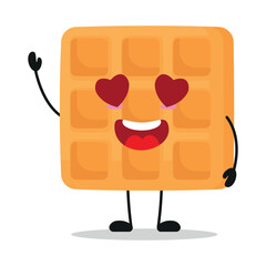 Cute happy waffle cartoon. Funny fall in love food cartoon emoticon in flat style. closet vector illustration