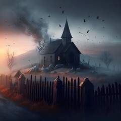 real photo of small church on a hill with cementery and wooden fence foggy weather found footage crows on sky sunset evening realistic 