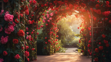 Flower arch with blooming red climbing roses. Garden