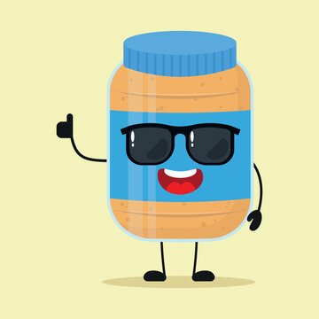 Cute happy peanut butter cartoon wear sunglasses. Funny food greet friend cartoon emoticon in flat style. closet vector illustration