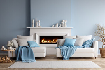 Modern living room with fireplace. Cozy interior design with blue, white and beige colors