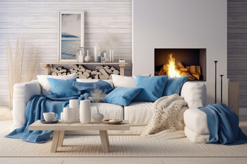Fototapeta na wymiar Modern living room with fireplace. Cozy interior design with blue, white and beige colors