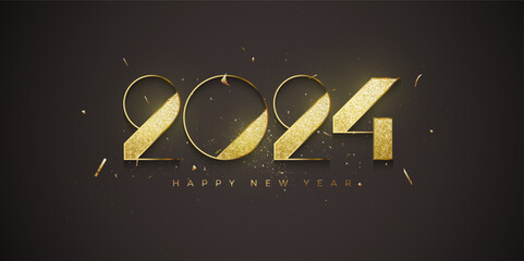 Elegant happy new year 2024 design. With luxurious gold numbers shiny with light. Elegant design for happy new year 2024 celebrations.