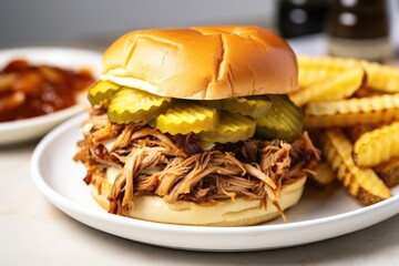 pulled pork sandwich stacked with pickles on a white plate