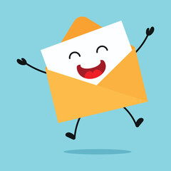 Cute happy envelope character. Funny victory jump celebration postcard cartoon emoticon in flat style. closet vector illustration