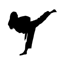 Silhouette of a woman kicking pose. Silhouette of a female martial art in action pose.