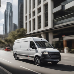 Side view of a commercial van standing driving through the city. Van run fast on city highway to deliver the goods. Product delivery and logistics.