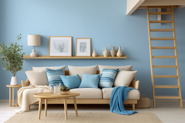 Modern living room with beige, white and blue colors. Minimalistic cozy design with sofa