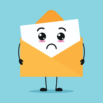 Cute sad envelope character. Funny unhappy postcard cartoon emoticon in flat style. closet vector illustration
