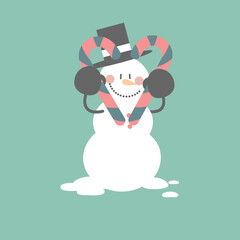 merry christmas and happy new year with cute snowman holding candy cane in the winter season, flat vector illustration cartoon character costume design
