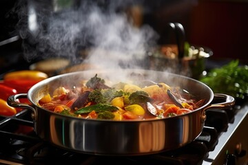 ratatouille with steam coming off on a stovetop