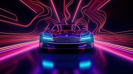 Sport car with illuminated neon lights on a dark background. AI generated image
