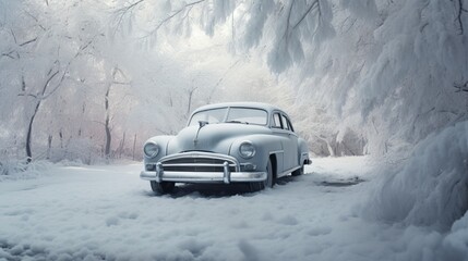 A car sits beneath a soft, white layer of snow, its windows frosted over with winter's touch. 
