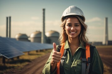 a young female Engineering showing trump up and smiling on solar panels side work.AI generated