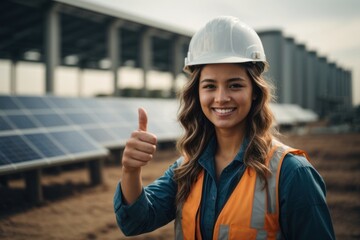a young female Engineering showing trump up and smiling on solar panels side work.AI generated