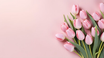 Flowers composition romantic. Flowers pink tulips on pink background