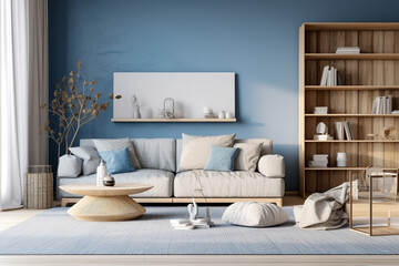 Modern living room with beige, white and blue colors. Minimalistic cozy design with sofa