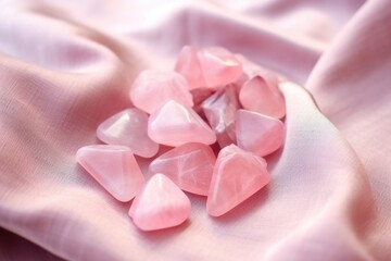rose quartz stones on soft, pastel fabric