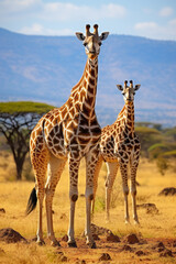 Two giraffes in savannah with zebras. Kenya. Tanzania. East Africa