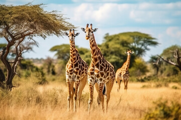 Two giraffes in savannah with zebras. Kenya. Tanzania. East Africa