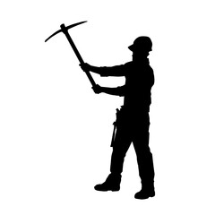 Silhouette of a man in worker costume carrying pick axe tool in action pose.