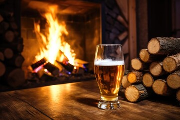 craft saison beer near fireplace with firewood