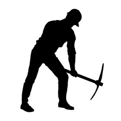 Silhouette of a man in worker costume carrying pick axe tool in action pose.