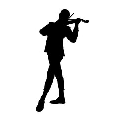 Silhouette of a male violin player in action pose. Silhouette of a musician performing with violin musical instrument.