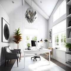 hyperrealistic photorealistic interior designers dream home office with bright white walls in a modern contemporary style 