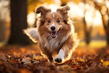 dog running in the field in autumn - obrazy, fototapety, plakaty
