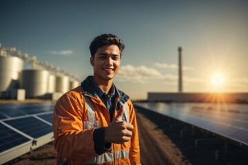 a young male Engineering showing trump up and smiling on solar panels side work.AI generated