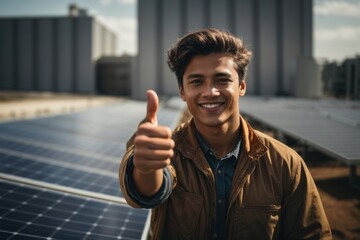 a young male Engineering showing trump up and smiling on solar panels side work.AI generated