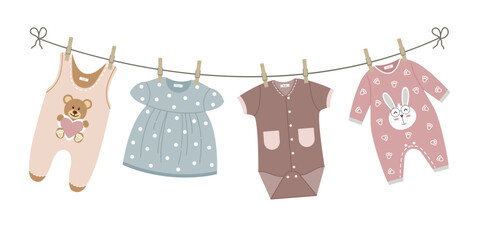 Cartoon cute children's clothes dry on a line with clothespins. Hand drawn vector illustration of baby dress, romper. Clean washed clothes.