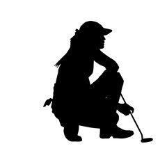 Silhouette of a woman golf athlete in action pose. Silhouette of a sporty slim female playing golf.