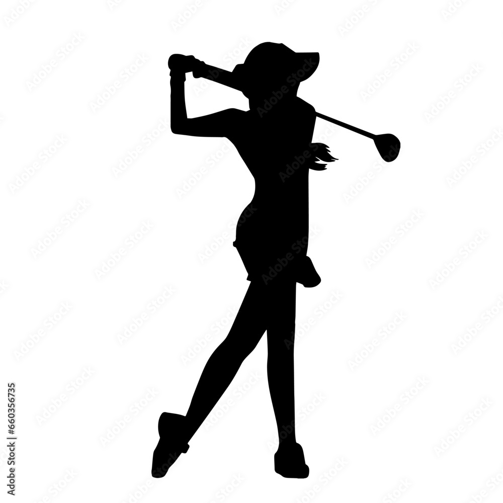 Wall mural Silhouette of a woman playing golf. Silhouette of a female golfer in action pose.