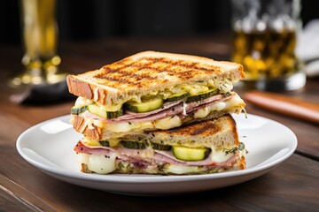 gourmet sandwich with brie, ham, and pickles